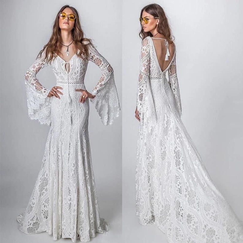 Long Bell Sleeve Boho Lace Wedding Dress